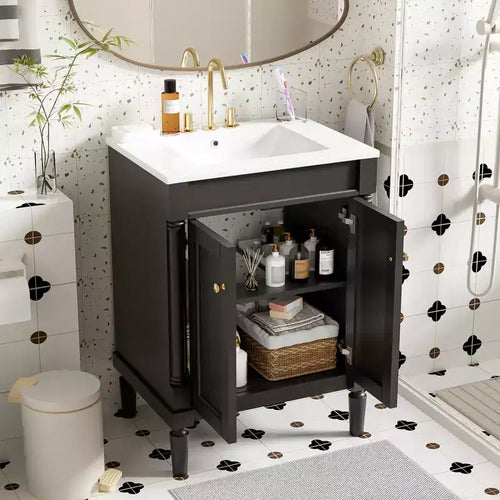24 Small Bathroom Vanity with Sink, Bathroom Storage Cabinet with 2-Tier Shelves, Wood Bathroom Cabinets Freestanding