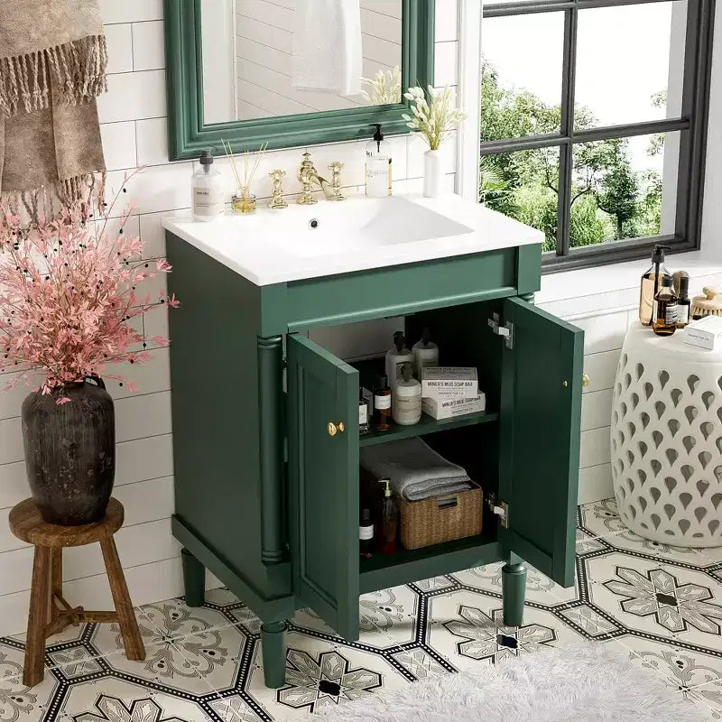 Meuble-lavabo de 24 pouces avec évier, armoire de rangement de salle de bain avec étagères à 2 niveaux, meubles de salle de bain en bois sur pied