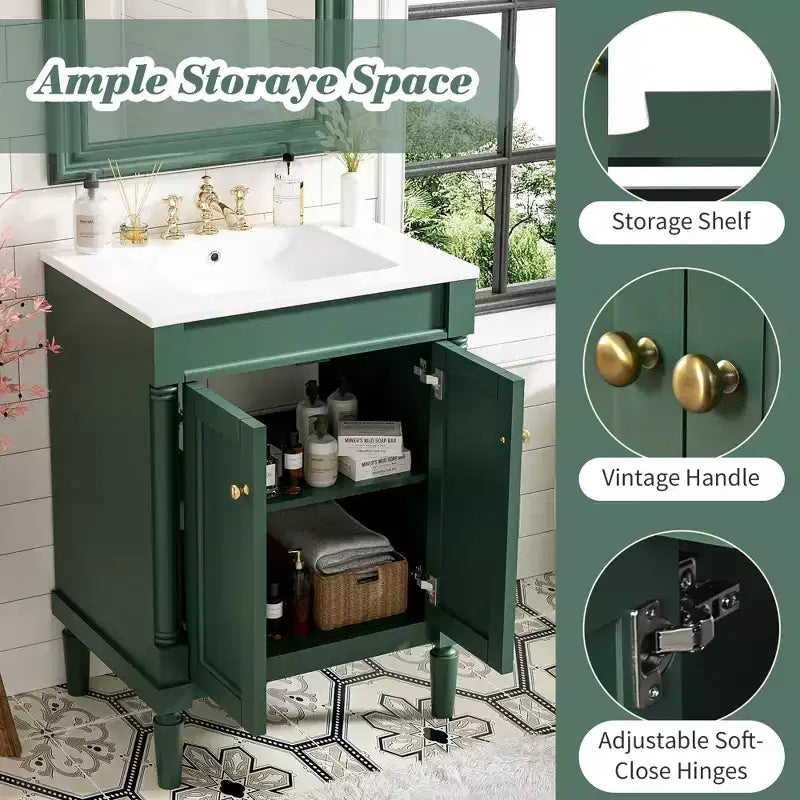 Meuble-lavabo de 24 pouces avec évier, armoire de rangement de salle de bain avec étagères à 2 niveaux, meubles de salle de bain en bois sur pied