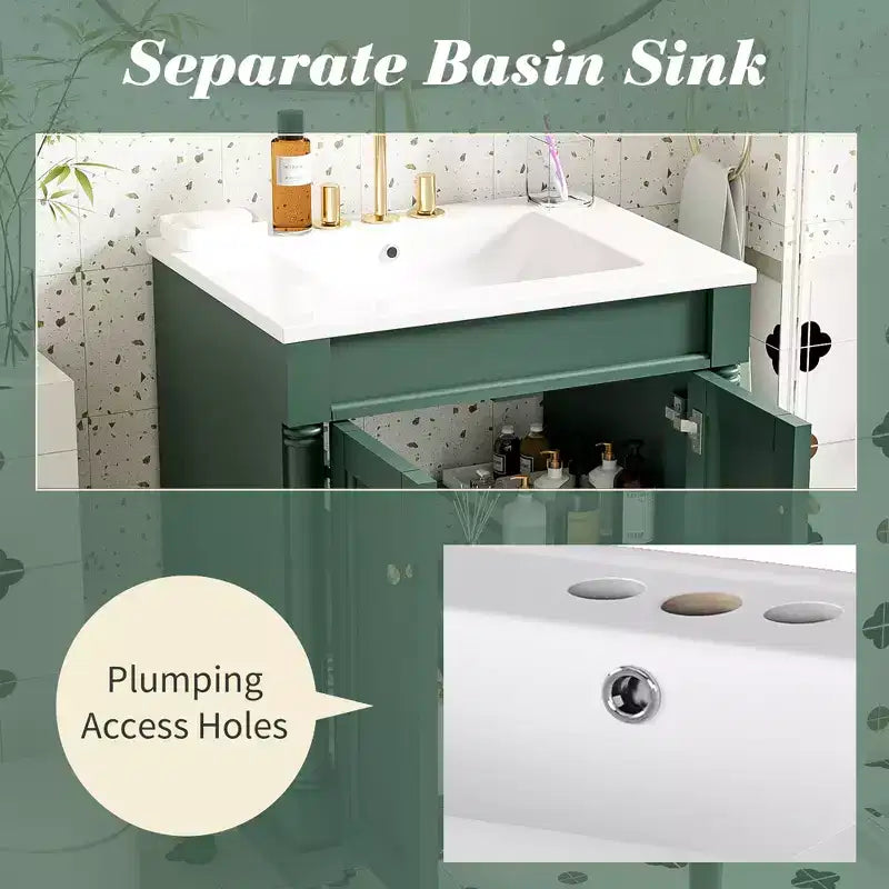 Meuble-lavabo de 24 pouces avec évier, armoire de rangement de salle de bain avec étagères à 2 niveaux, meubles de salle de bain en bois sur pied