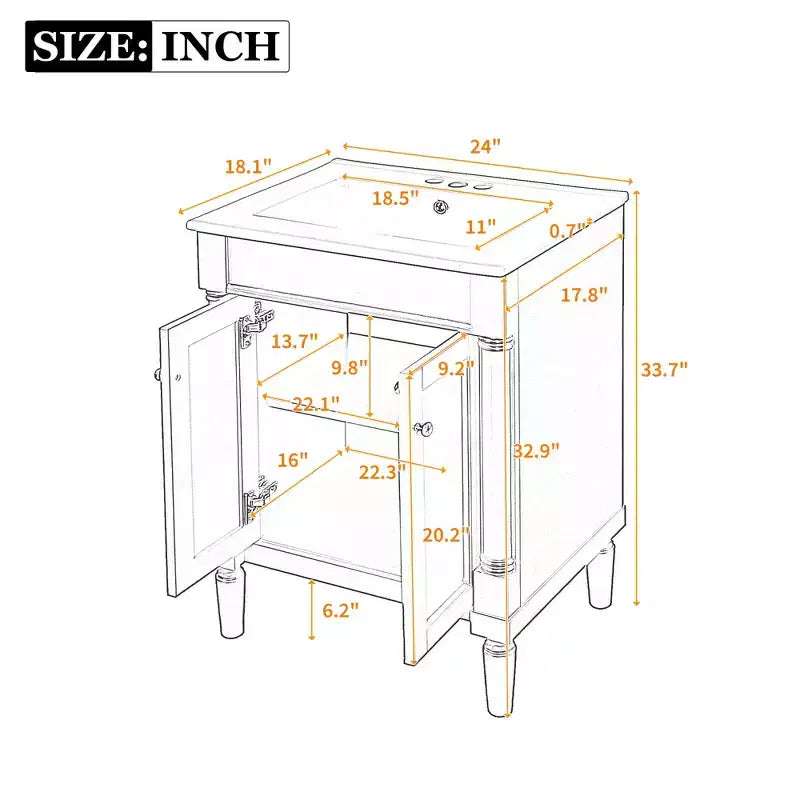 Meuble-lavabo de 24 pouces avec évier, armoire de rangement de salle de bain avec étagères à 2 niveaux, meubles de salle de bain en bois sur pied