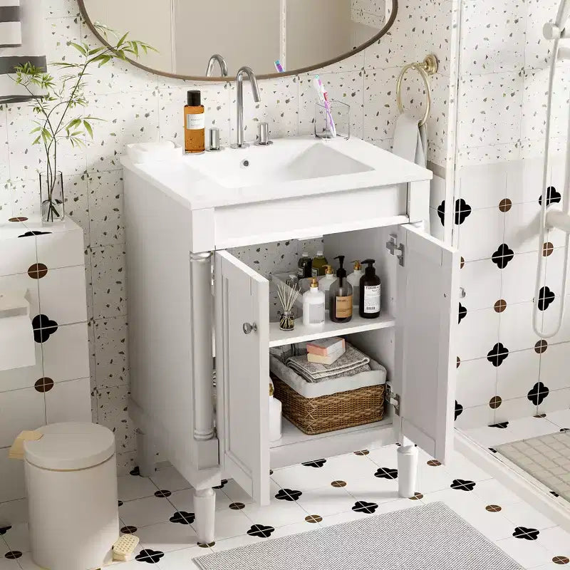Meuble-lavabo de 24 pouces avec évier, armoire de rangement de salle de bain avec étagères à 2 niveaux, meubles de salle de bain en bois sur pied