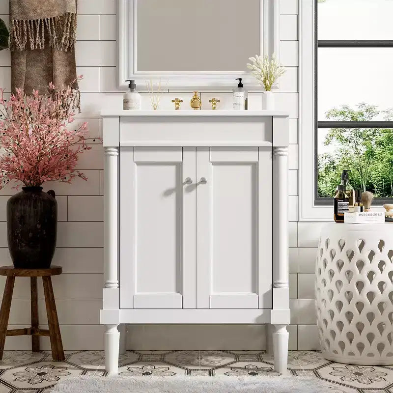 Meuble-lavabo de 24 pouces avec évier, armoire de rangement de salle de bain avec étagères à 2 niveaux, meubles de salle de bain en bois sur pied