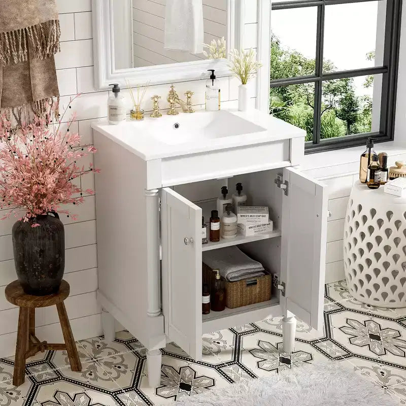 Meuble-lavabo de 24 pouces avec évier, armoire de rangement de salle de bain avec étagères à 2 niveaux, meubles de salle de bain en bois sur pied