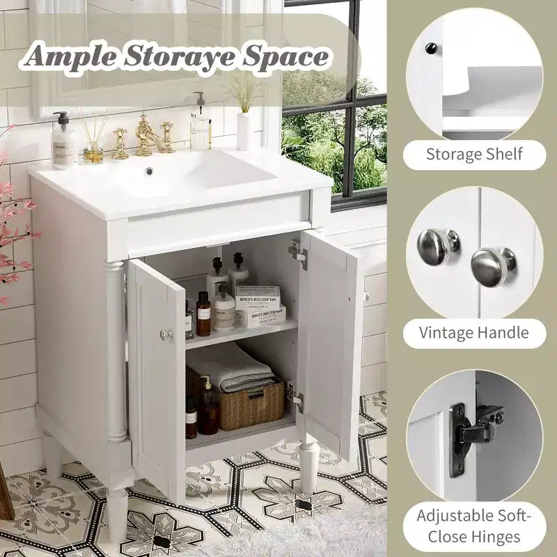 Meuble-lavabo de 24 pouces avec évier, armoire de rangement de salle de bain avec étagères à 2 niveaux, meubles de salle de bain en bois sur pied