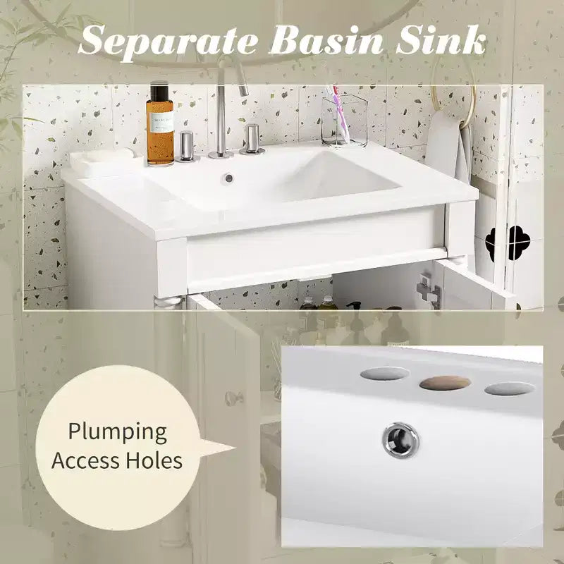 Meuble-lavabo de 24 pouces avec évier, armoire de rangement de salle de bain avec étagères à 2 niveaux, meubles de salle de bain en bois sur pied