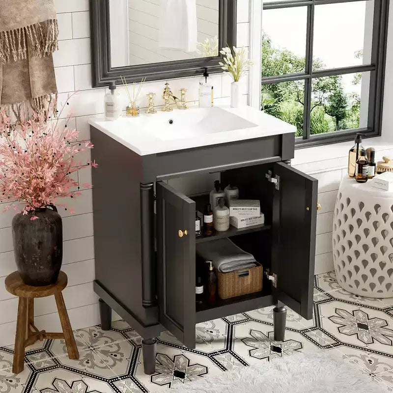 Meuble-lavabo de 24 pouces avec évier, armoire de rangement de salle de bain avec étagères à 2 niveaux, meubles de salle de bain en bois sur pied