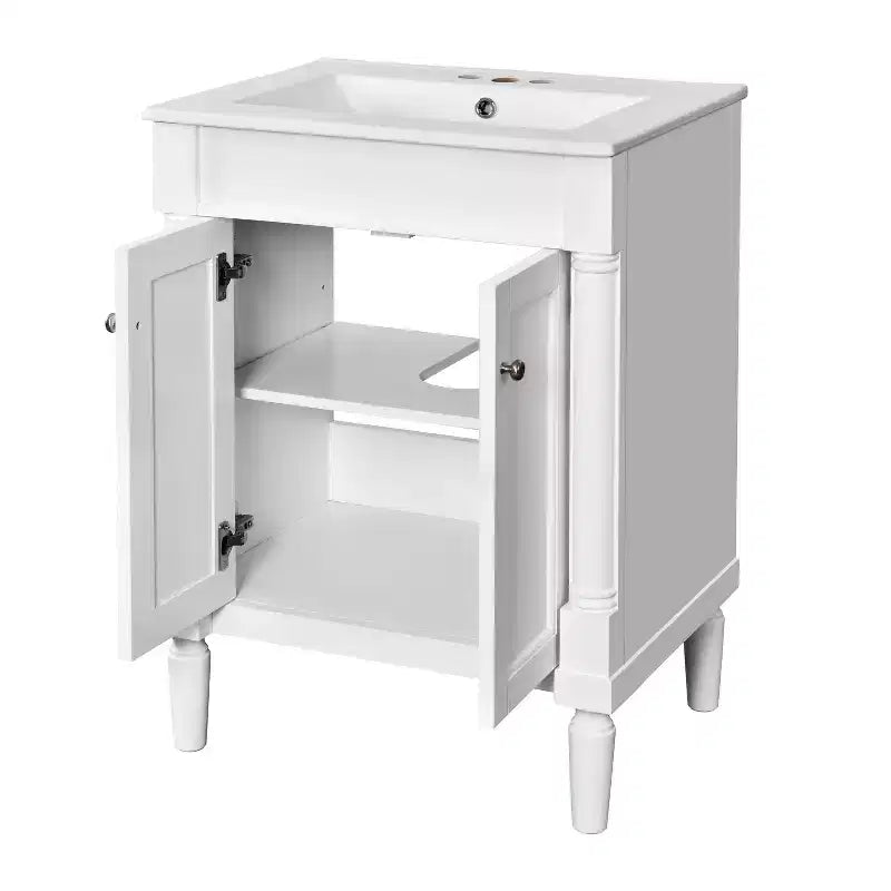 Meuble-lavabo de 24 pouces avec évier, armoire de rangement de salle de bain avec étagères à 2 niveaux, meubles de salle de bain en bois sur pied