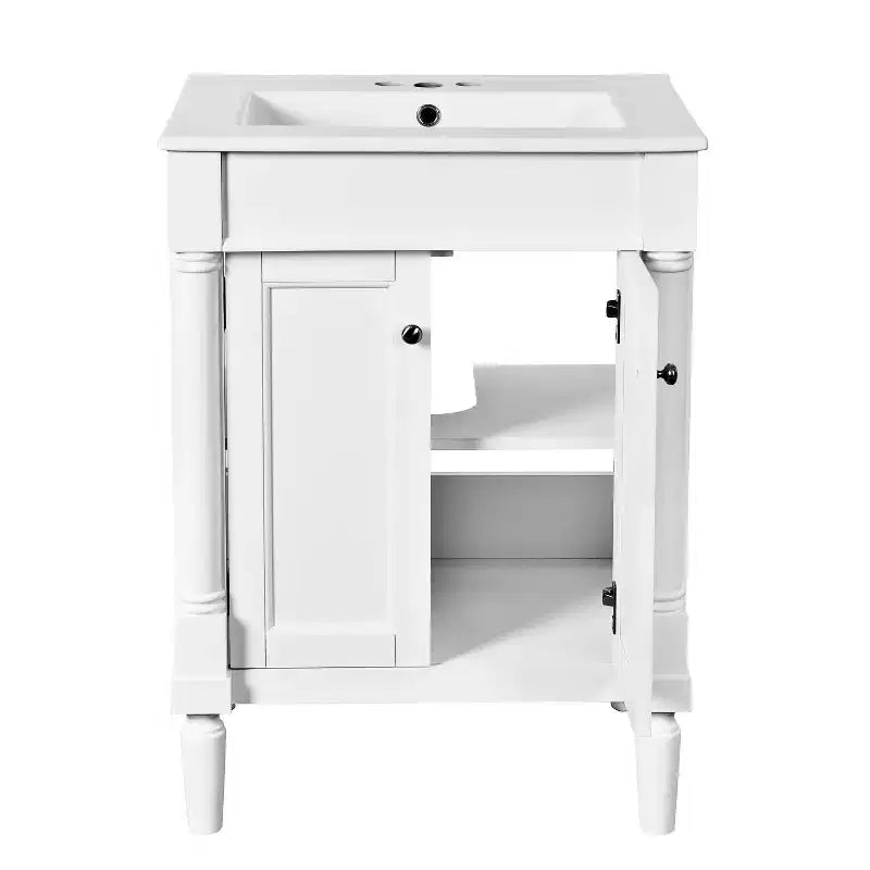 Meuble-lavabo de 24 pouces avec évier, armoire de rangement de salle de bain avec étagères à 2 niveaux, meubles de salle de bain en bois sur pied