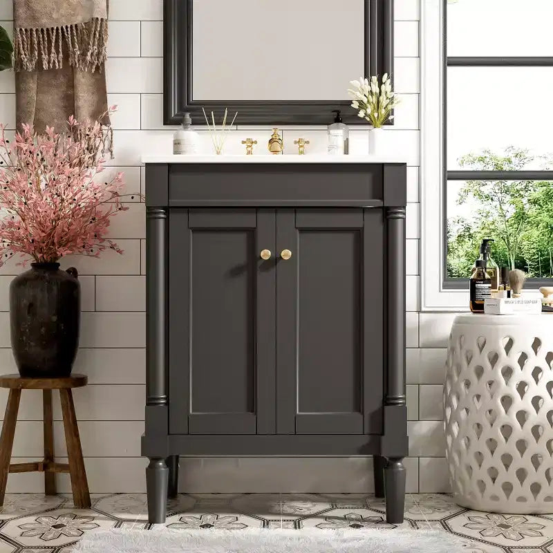 Meuble-lavabo de 24 pouces avec évier, armoire de rangement de salle de bain avec étagères à 2 niveaux, meubles de salle de bain en bois sur pied