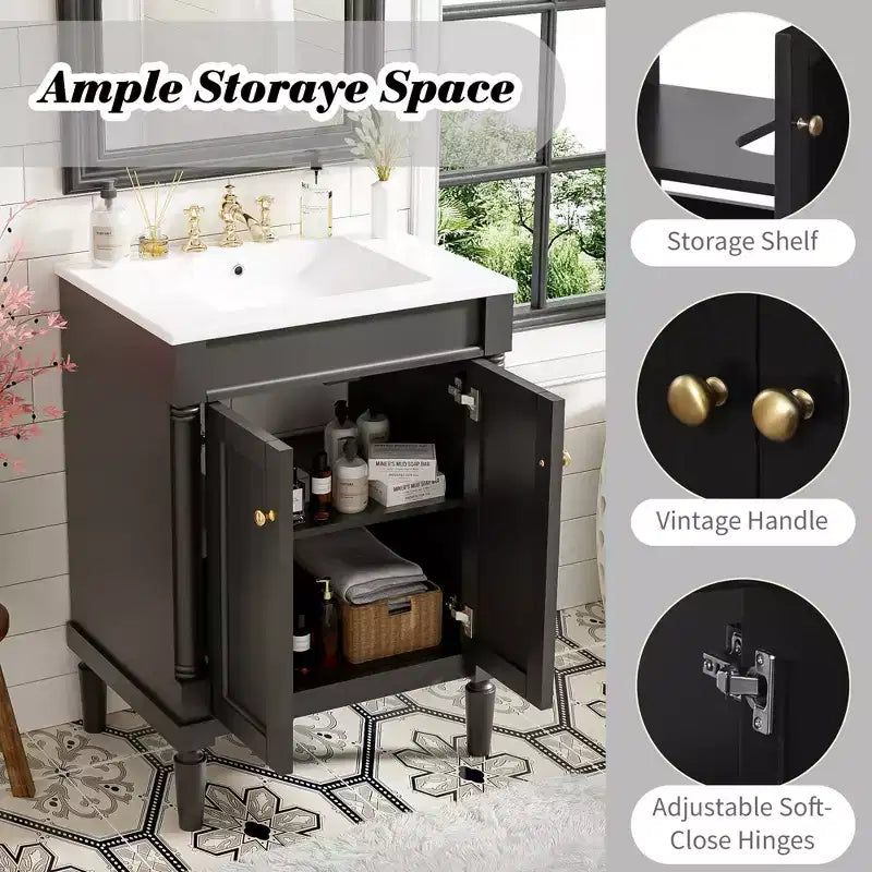 Meuble-lavabo de 24 pouces avec évier, armoire de rangement de salle de bain avec étagères à 2 niveaux, meubles de salle de bain en bois sur pied