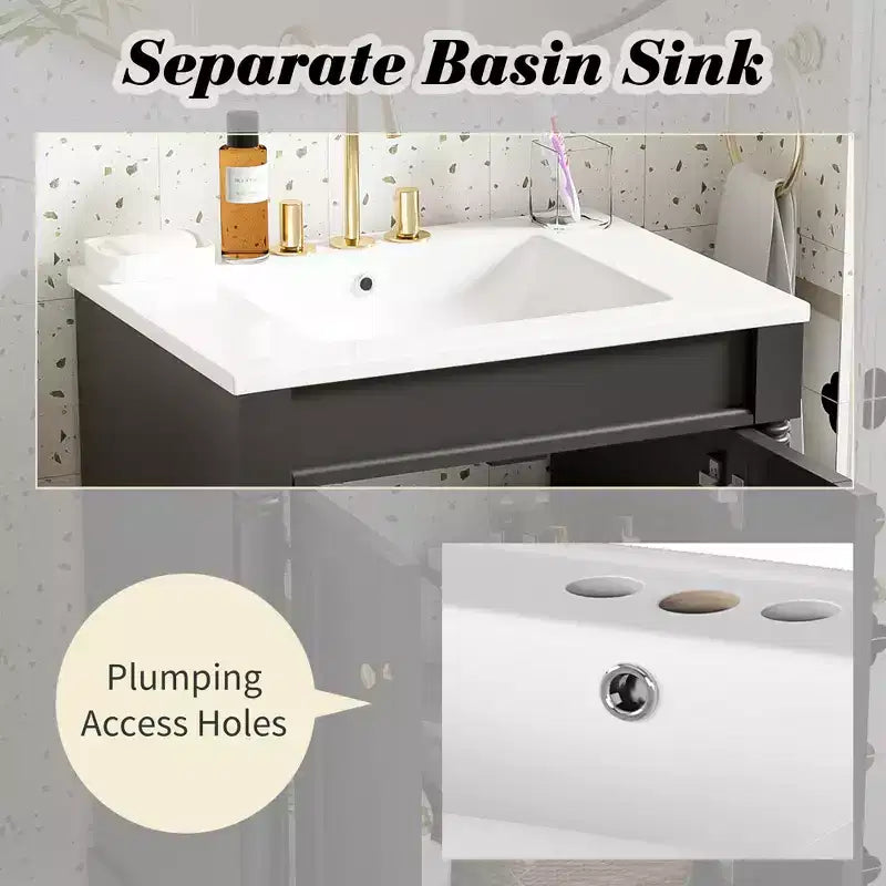 Meuble-lavabo de 24 pouces avec évier, armoire de rangement de salle de bain avec étagères à 2 niveaux, meubles de salle de bain en bois sur pied