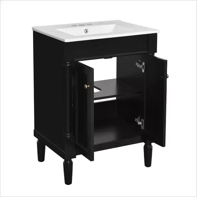Meuble-lavabo de 24 pouces avec évier, armoire de rangement de salle de bain avec étagères à 2 niveaux, meubles de salle de bain en bois sur pied