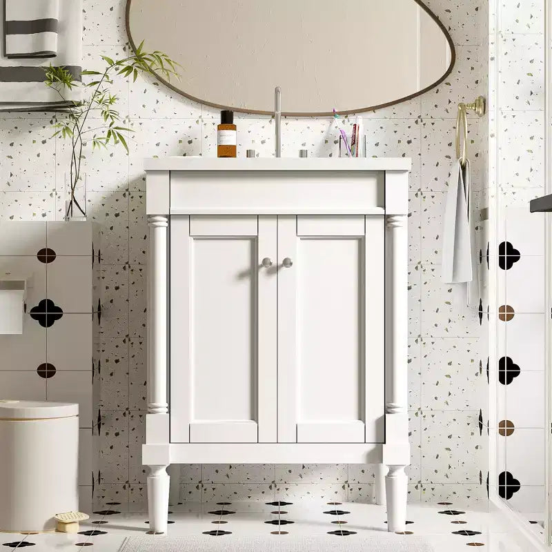 Meuble-lavabo de 24 pouces avec évier, armoire de rangement de salle de bain avec étagères à 2 niveaux, meubles de salle de bain en bois sur pied