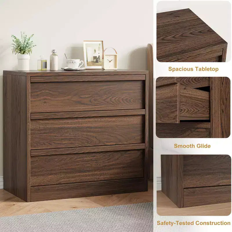 Commode de chambre à 3 tiroirs, table de chevet noyer à 3 tiroirs avec grand espace de rangement, petite table de chevet pour salon, chambre de bébé, entrée