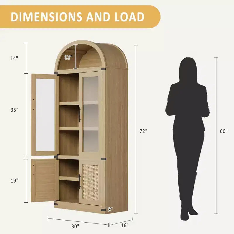 Bibliothèque arquée à 6 niveaux avec portes vitrées - Étagère de style ferme moderne, vitrine en bois pour salon, cuisine et bureau