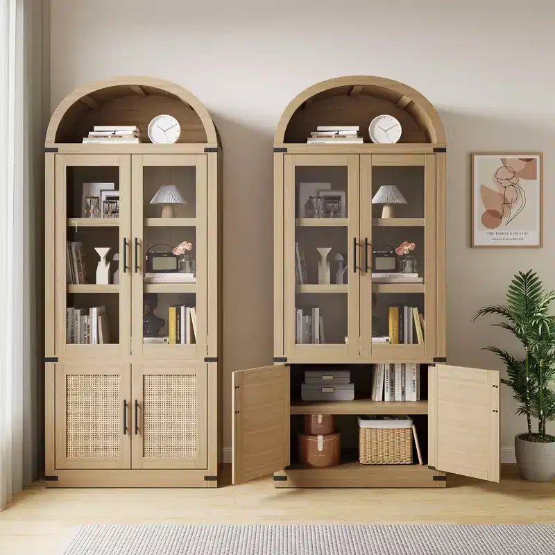 Bibliothèque arquée à 6 niveaux avec portes vitrées - Étagère de style ferme moderne, vitrine en bois pour salon, cuisine et bureau
