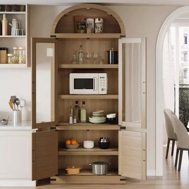 Bibliothèque arquée à 6 niveaux avec portes vitrées - Étagère de style ferme moderne, vitrine en bois pour salon, cuisine et bureau