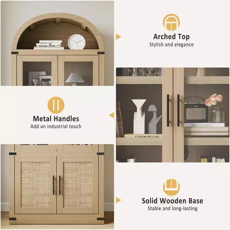 Bibliothèque arquée à 6 niveaux avec portes vitrées - Étagère de style ferme moderne, vitrine en bois pour salon, cuisine et bureau