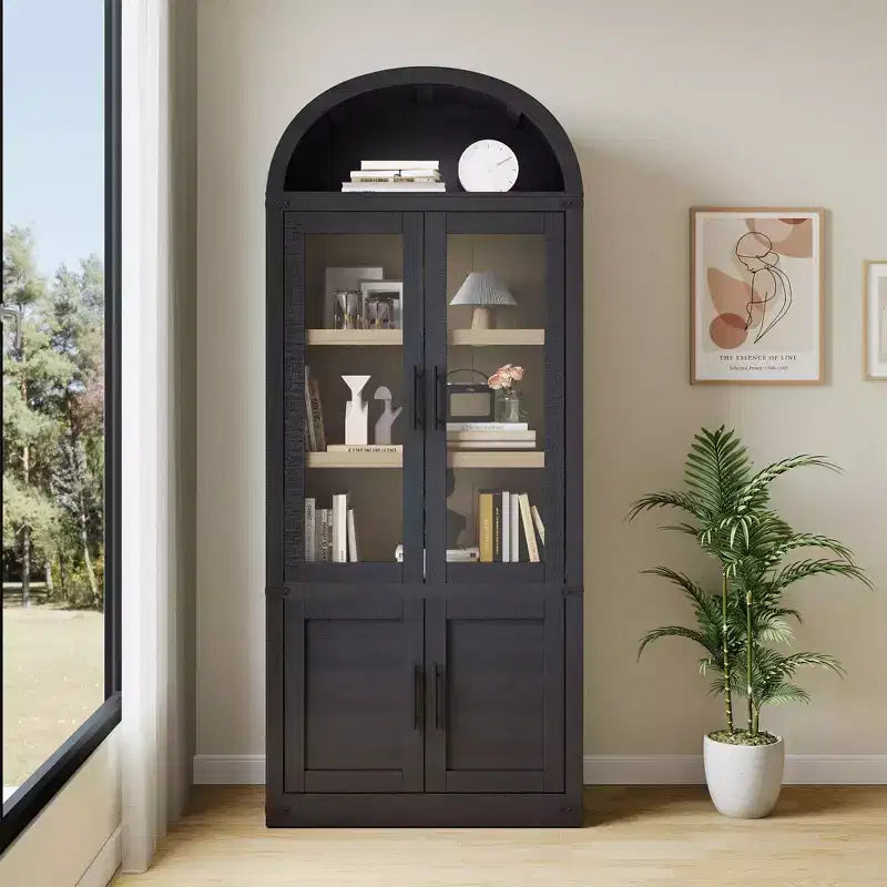 Bibliothèque arquée à 6 niveaux avec portes vitrées - Étagère de style ferme moderne, vitrine en bois pour salon, cuisine et bureau