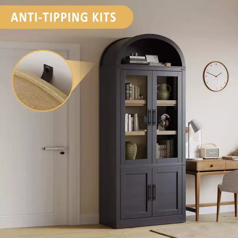 Arched 6-Tier Bookcase with Glass Doors - Modern Farmhouse Bookshelf,Wooden Display Cabinet for Living Room, Kitchen & Office