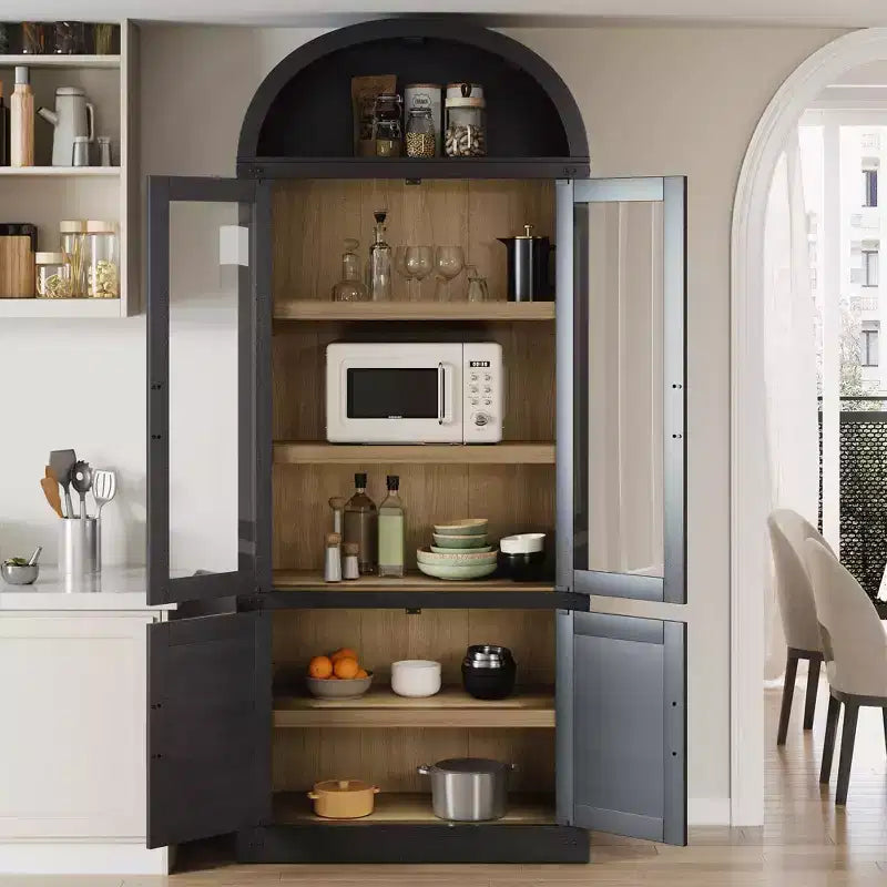 Bibliothèque arquée à 6 niveaux avec portes vitrées - Étagère de style ferme moderne, vitrine en bois pour salon, cuisine et bureau