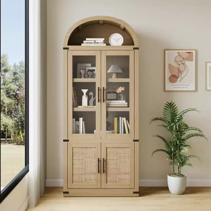 Arched 6-Tier Bookcase with Glass Doors - Modern Farmhouse Bookshelf,Wooden Display Cabinet for Living Room, Kitchen & Office