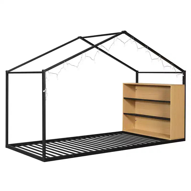 Lit cabane en métal avec étagères et lumières LED, taille double