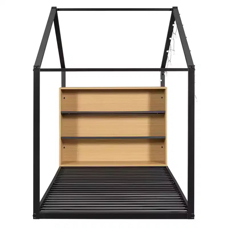Lit cabane en métal avec étagères et lumières LED, taille double
