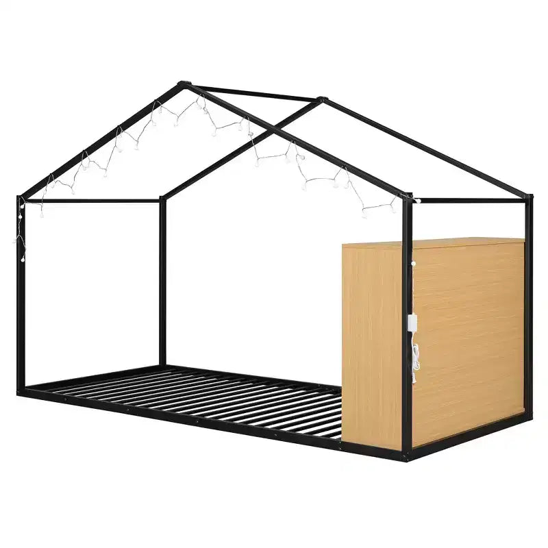 Lit cabane en métal avec étagères et lumières LED, taille double