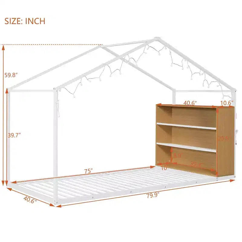Lit cabane en métal avec étagères et lumières LED, taille double