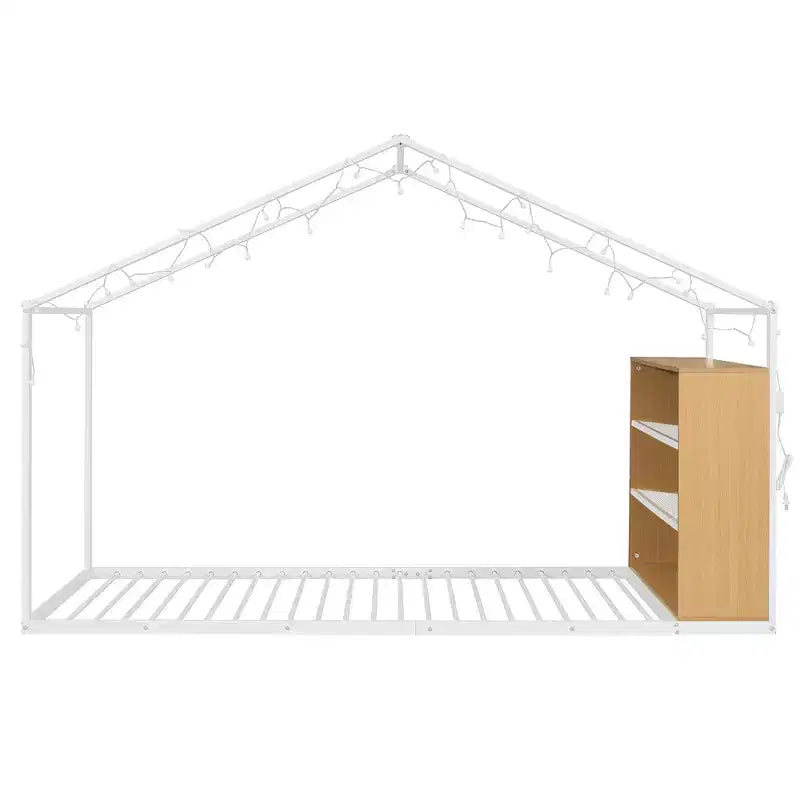 Lit cabane en métal avec étagères et lumières LED, taille double