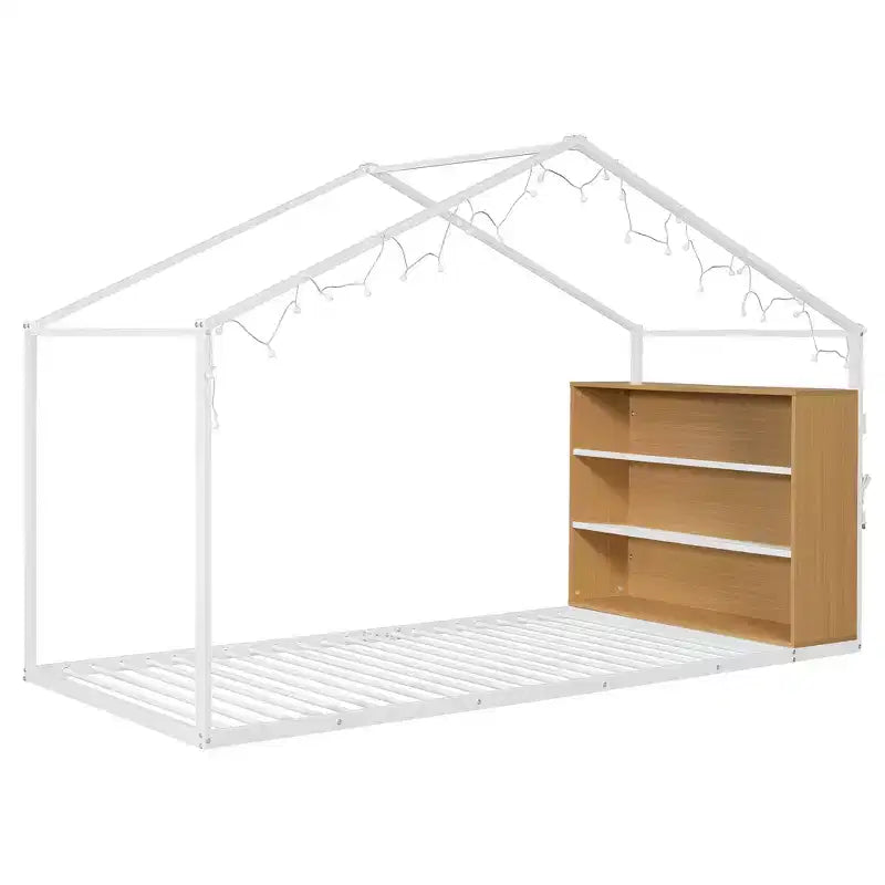 Lit cabane en métal avec étagères et lumières LED, taille double