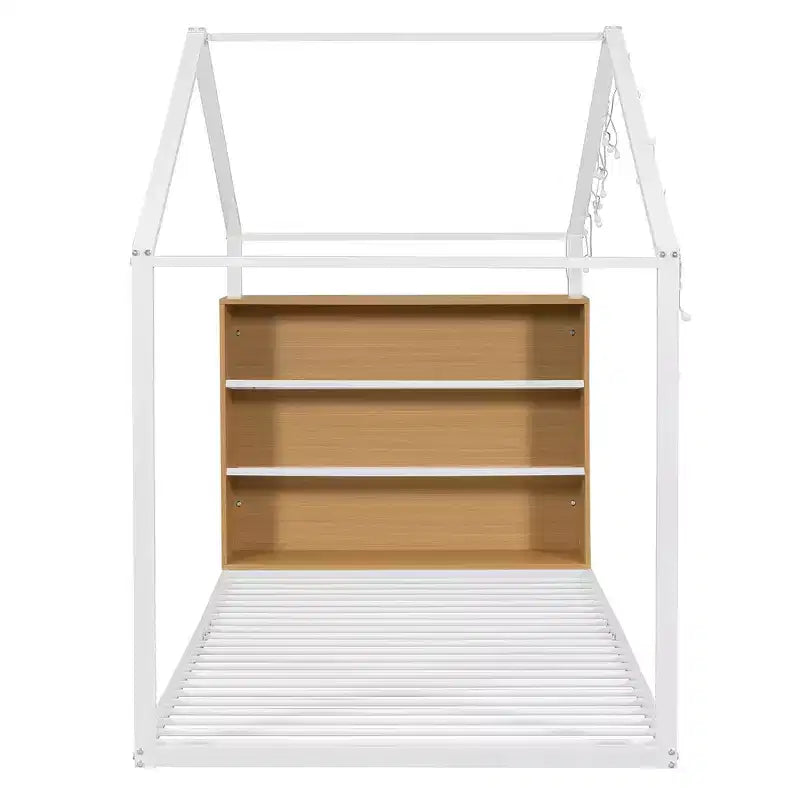 Lit cabane en métal avec étagères et lumières LED, taille double
