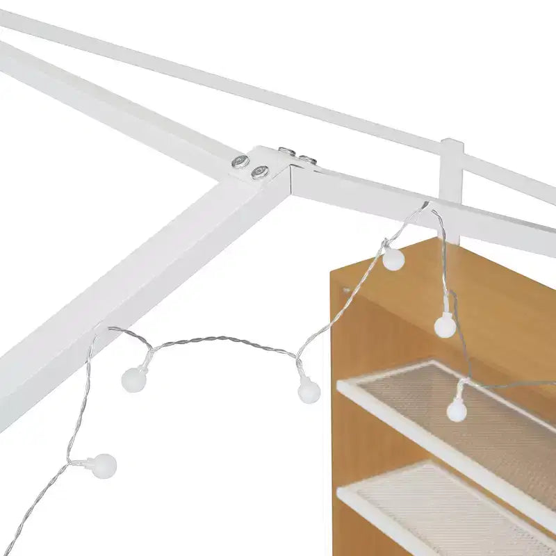 Lit cabane en métal avec étagères et lumières LED, taille double