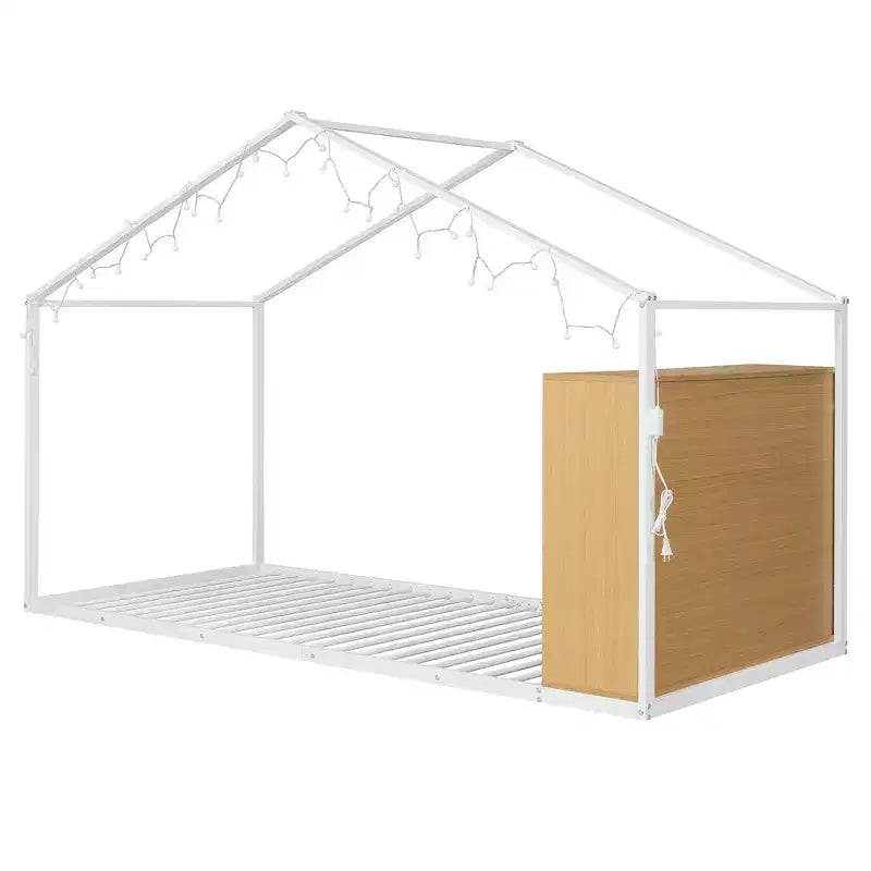 Lit cabane en métal avec étagères et lumières LED, taille double