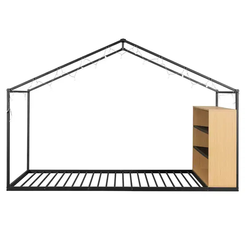 Lit cabane en métal avec étagères et lumières LED, taille double