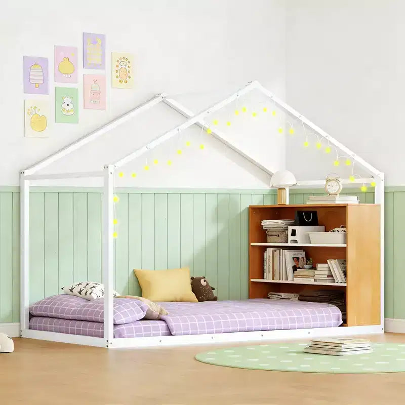 Lit cabane en métal avec étagères et lumières LED, taille double