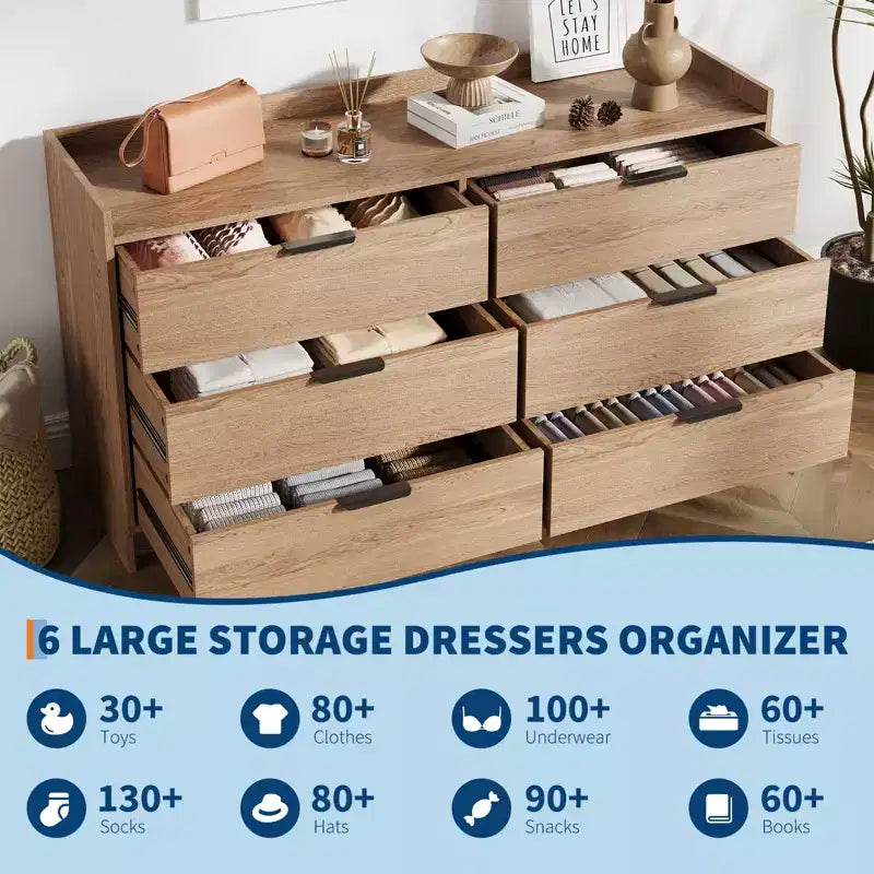 Commode à 6 tiroirs pour chambre à coucher, commode moderne en bois de 52,5 po, organisateur de placard et meuble TV pour salon, couloir et chambre à coucher
