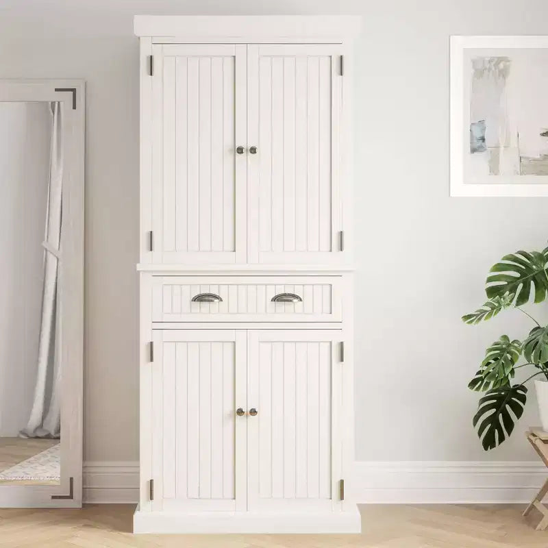 Nantucket Pantry Off White - Nautical Coastal Kitchen Cabinet, Hardwood Frame, Adjustable Shelves, 72" Height