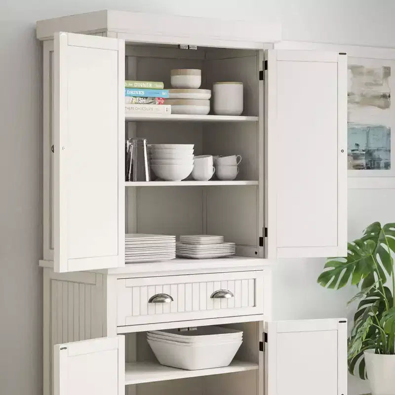 Nantucket Pantry Off White - Nautical Coastal Kitchen Cabinet, Hardwood Frame, Adjustable Shelves, 72" Height