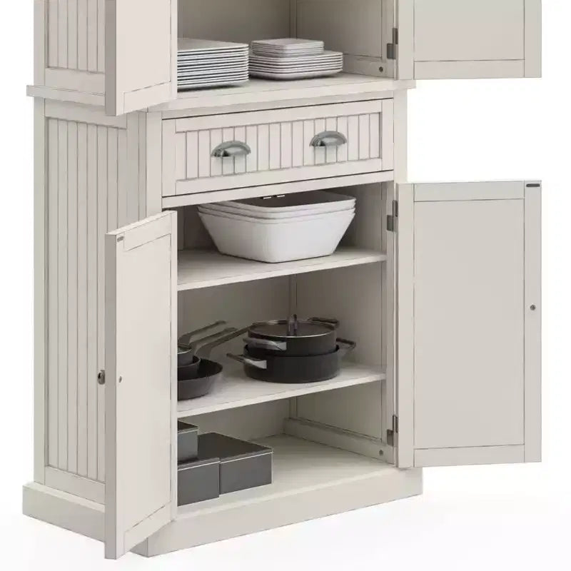 Nantucket Pantry Off White - Nautical Coastal Kitchen Cabinet, Hardwood Frame, Adjustable Shelves, 72" Height