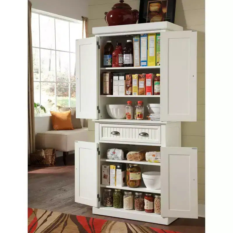 Nantucket Pantry Off White - Nautical Coastal Kitchen Cabinet, Hardwood Frame, Adjustable Shelves, 72" Height