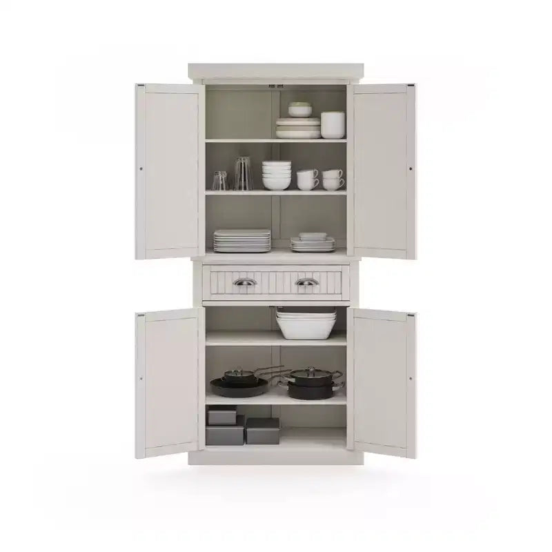 Nantucket Pantry Off White - Nautical Coastal Kitchen Cabinet, Hardwood Frame, Adjustable Shelves, 72" Height