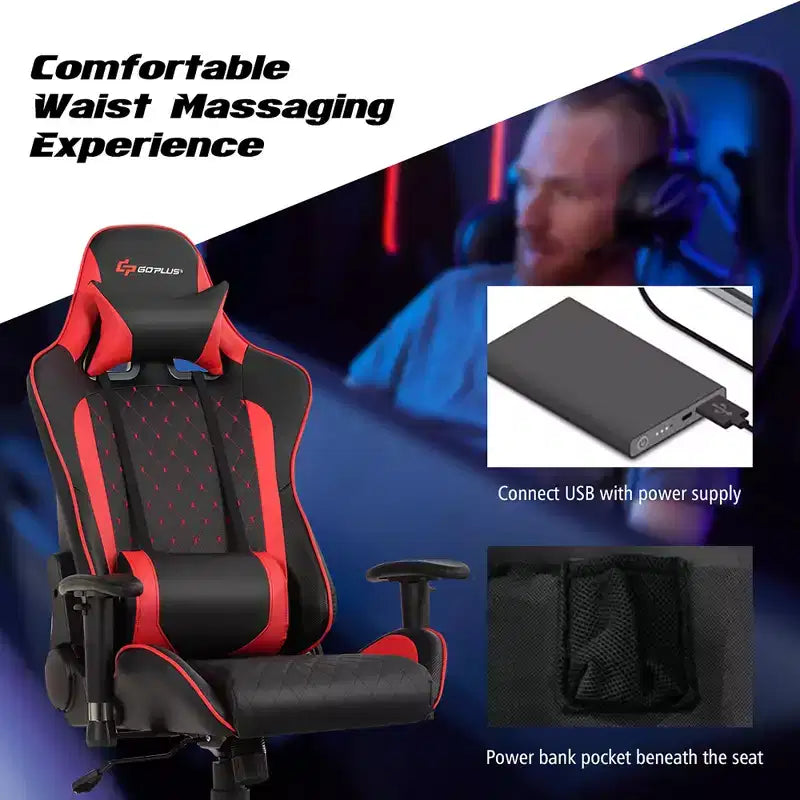 Massage Gaming Chair Reclining Racing Chair with Lumbar Support and Headrest