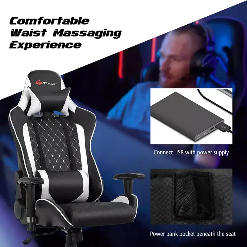 Massage Gaming Chair Reclining Racing Chair with Lumbar Support and Headrest