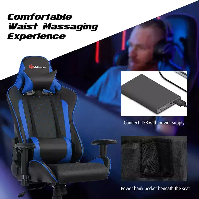 Massage Gaming Chair Reclining Racing Chair with Lumbar Support and Headrest