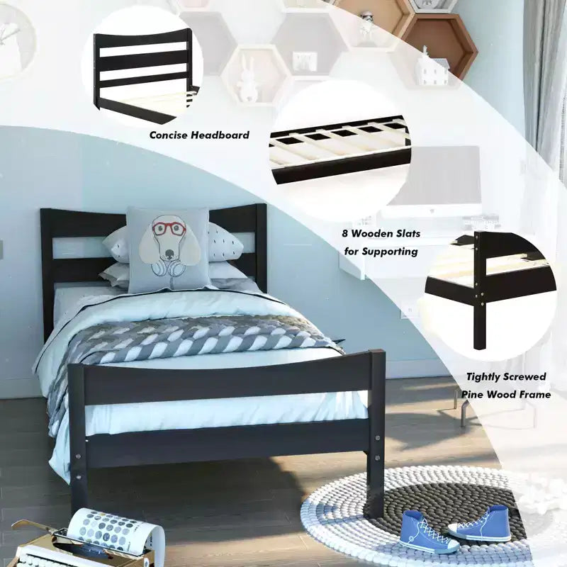 Twin Size Platform Bed Frame Foundation w/Headboard &Wood Slat Support