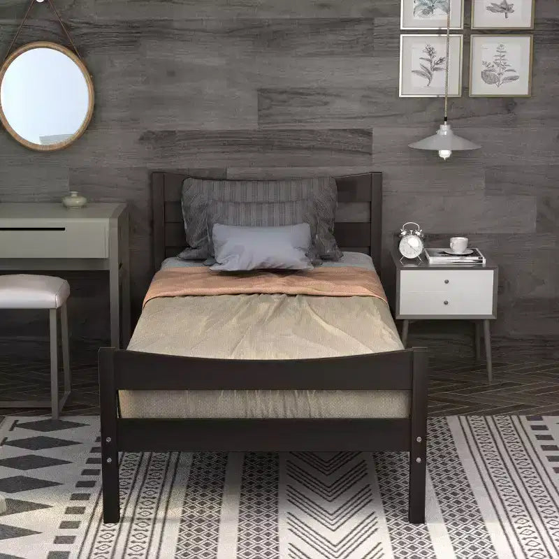Twin Size Platform Bed Frame Foundation w/Headboard &Wood Slat Support