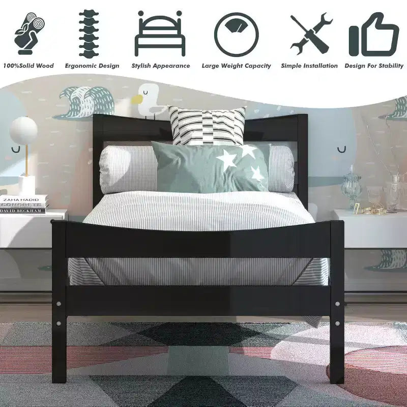 Twin Size Platform Bed Frame Foundation w/Headboard &Wood Slat Support